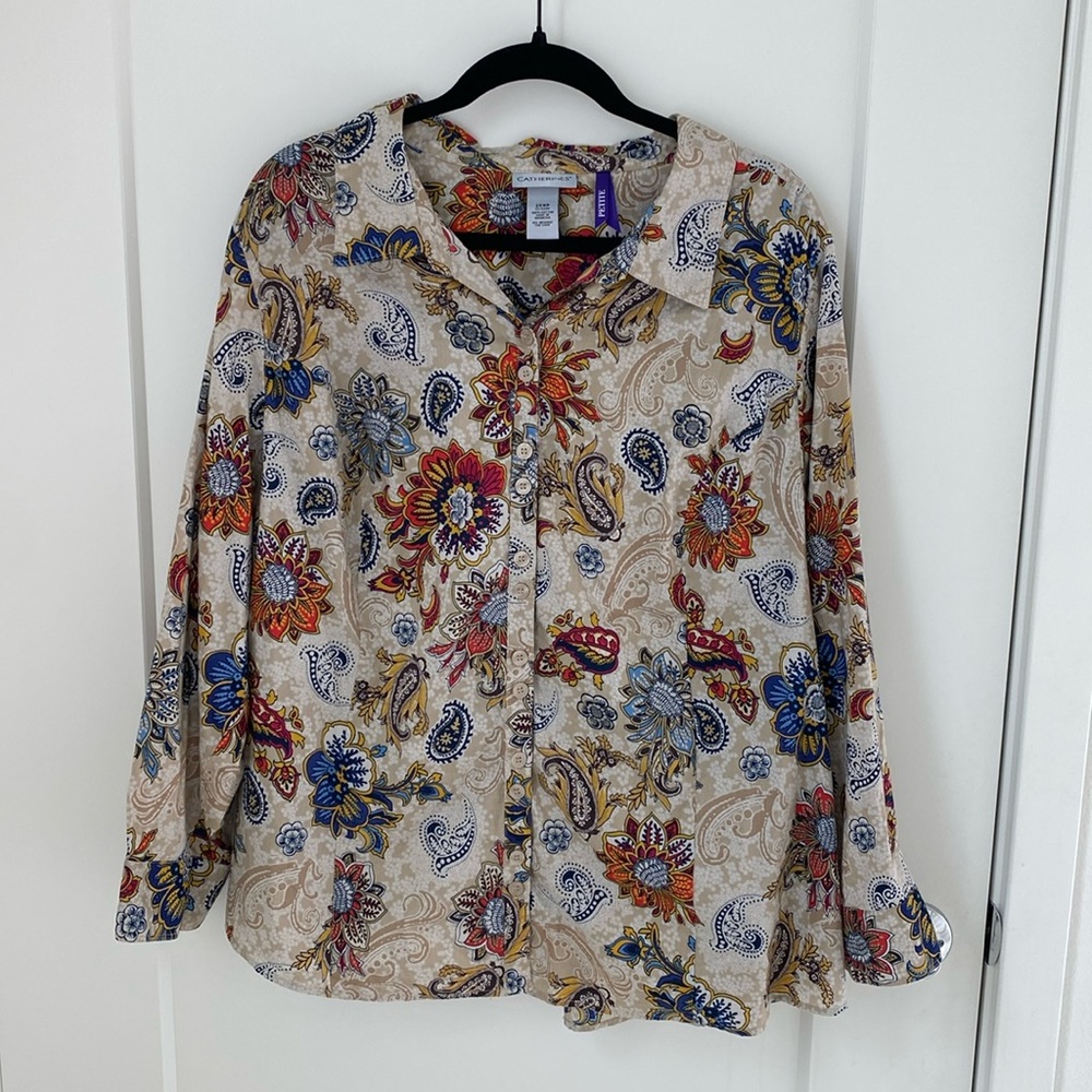 Catherines Petite Floral Beige Button Down Long Sleeve Top